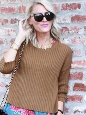 CAbi Women's S Luna Dolman Ribbed Sweater Large 3/4 Sleeves Brown Pullover 3364